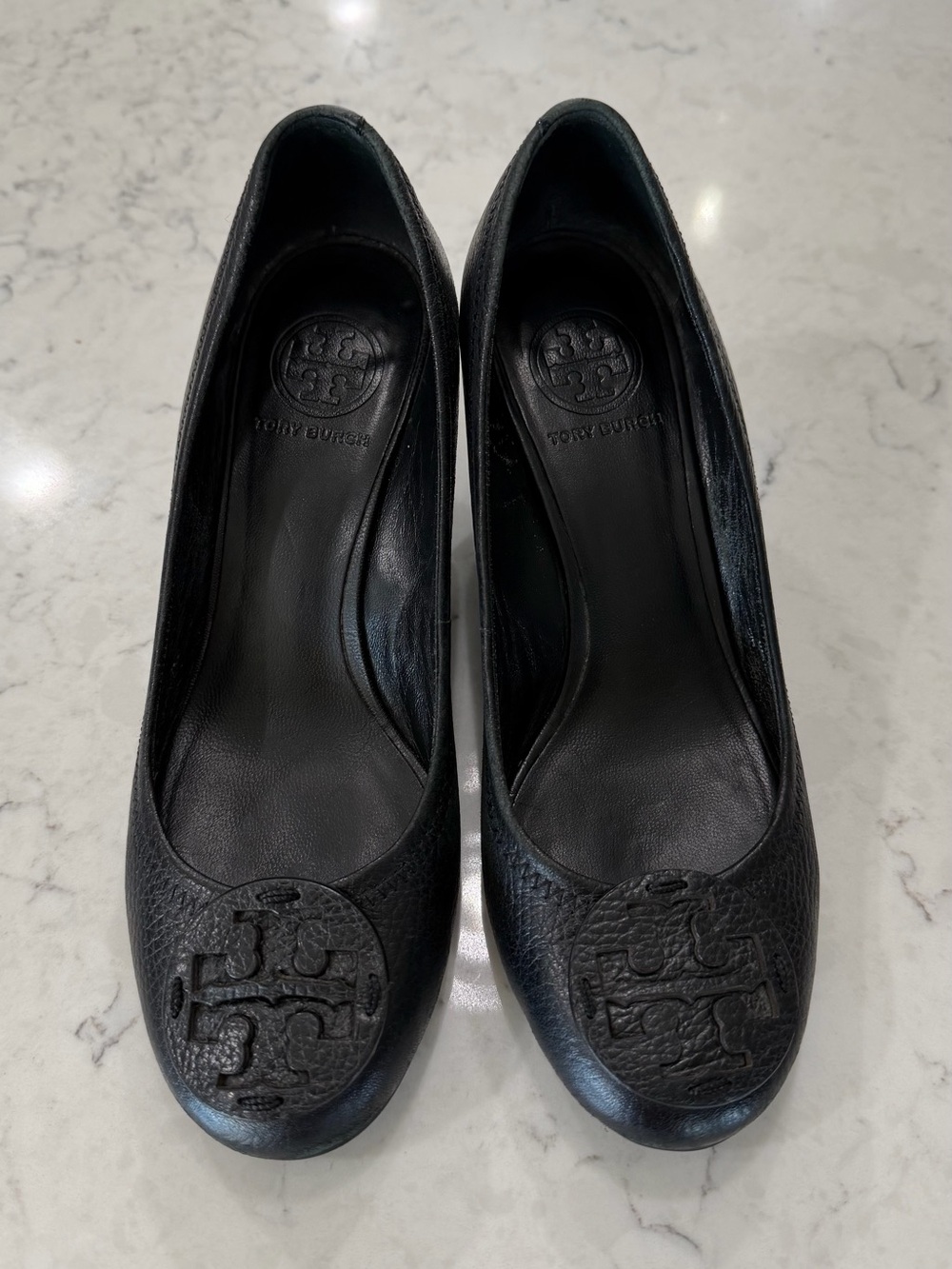 Tory Burch Black Leather Logo Wedge Pumps